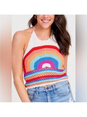 Altar'd State Cream 100% Cotton Crochet Halter Top with Rainbow Pattern Stripes